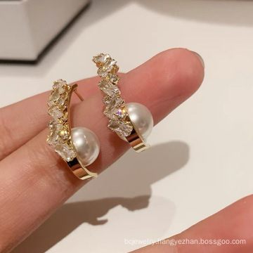 Shangjie OEM joyas Fashion C Shape Stud Earrings Women Pearl Crystal Earrings Party Danity  Earrings Jewelry